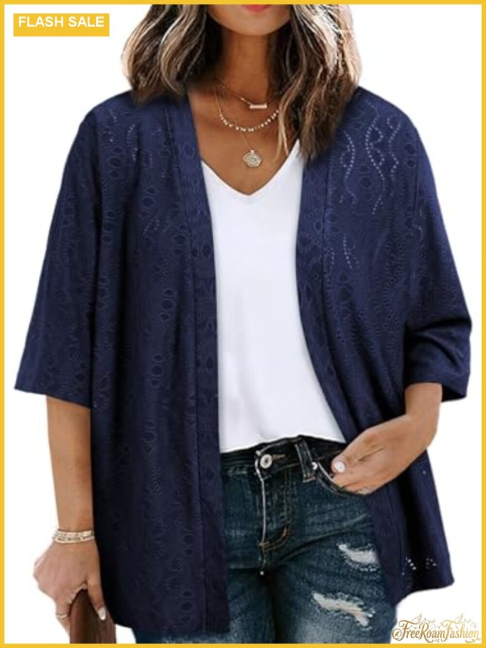 Plus Size Womens Jacquard Knit Kimono Cardigan Half Sleeve Lightweight